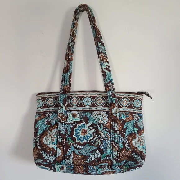 Vera Bradley Java Blue Tote Purse Shoulder Bag Brown Blue Floral 2006 Pattern - Picture 2 of 16